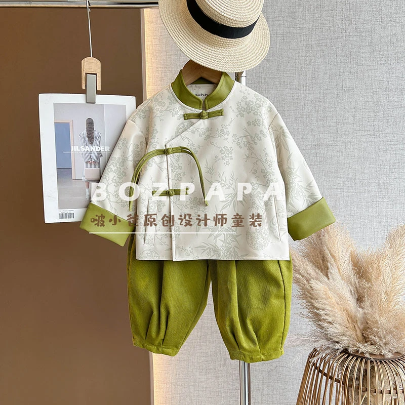 现货【竹韵套装】 绿色新中式套装2024春秋新款古风儿童汉服皮衣