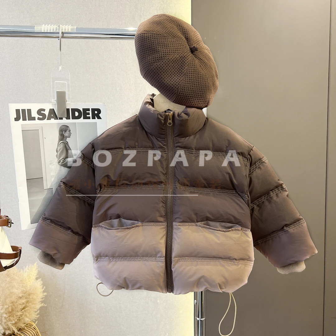 【奶咖双拼】2023新款休闲时尚儿童立领韩版渐变下摆抽绳羽绒服