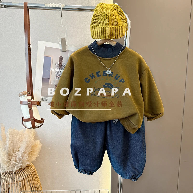 现货【香肠狗】23春秋季男童洋气百搭撞色狗狗卫衣圆领套头加绒卫衣