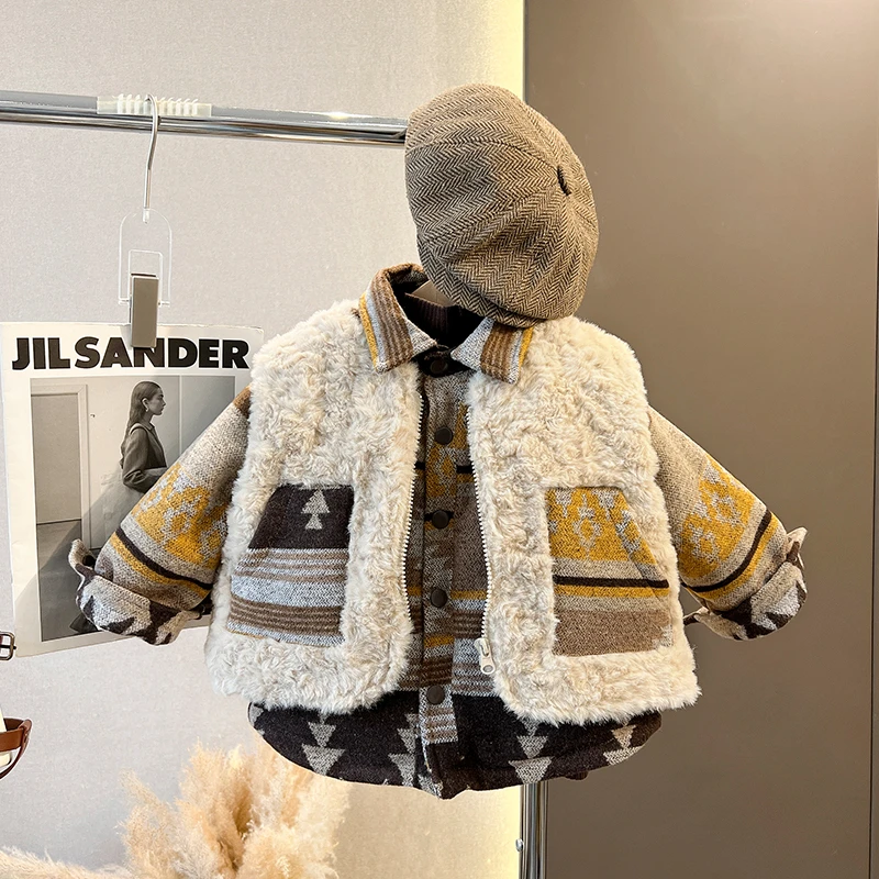 现货【日落海岸线】2023冬季洋气儿童休闲印花马甲衬衫夹棉两件套