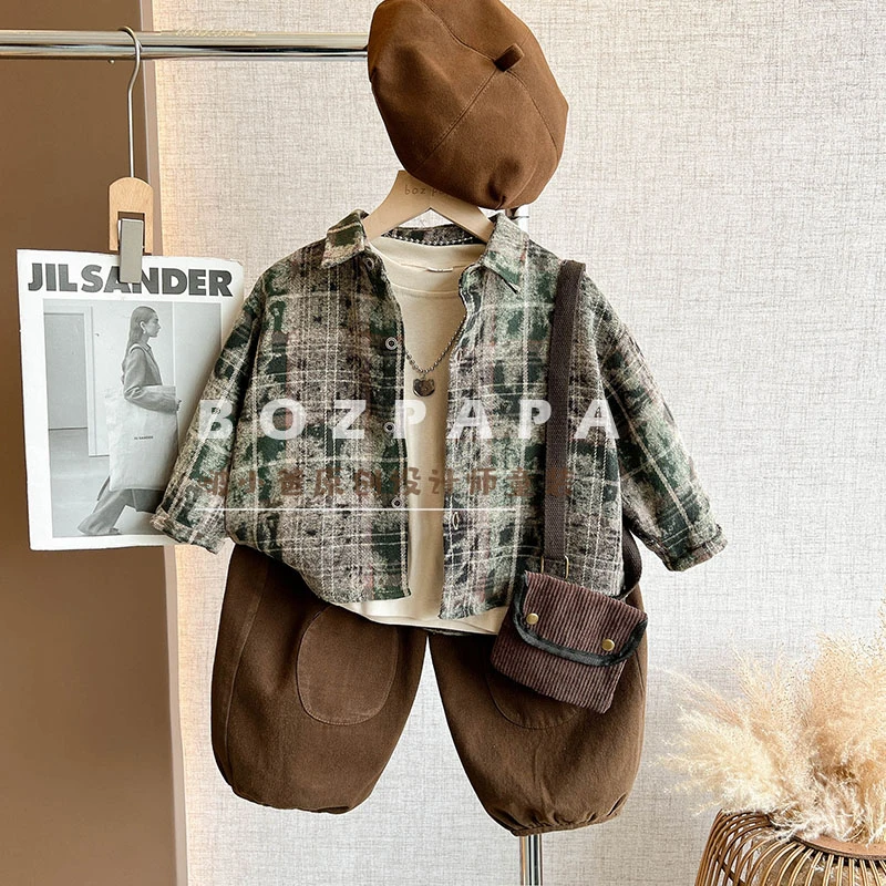 【绿里奇迹】韩版秋款复古长袖工装格子衬衫儿童网红炸街童装套装