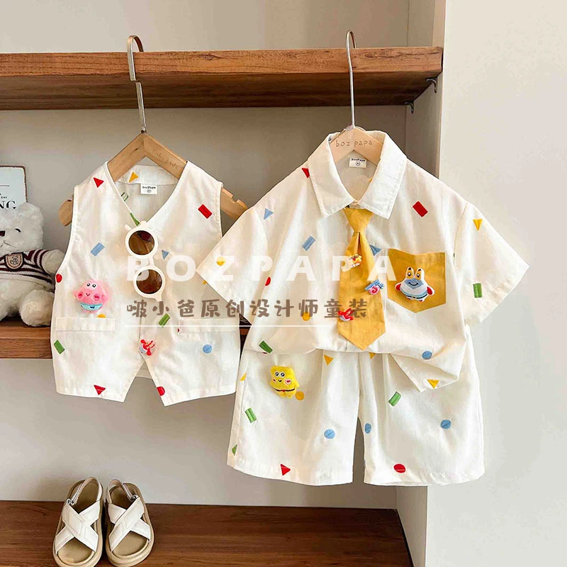 现货【可爱蟹堡王】韩版男宝夏款24新款儿童女宝宝可爱玩偶衬衫套装