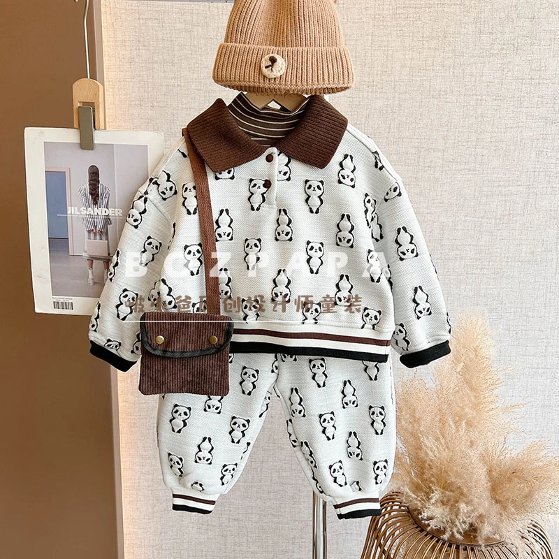 现货【冬日暖熊】2024新款秋季儿童熊猫提花时尚洋气男女卫衣套装