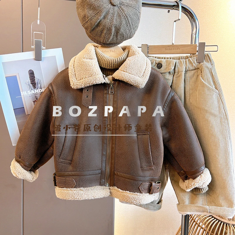BOZPAPA韩版炸街机车一体毛宝宝皮衣2023新款冬季儿童外套