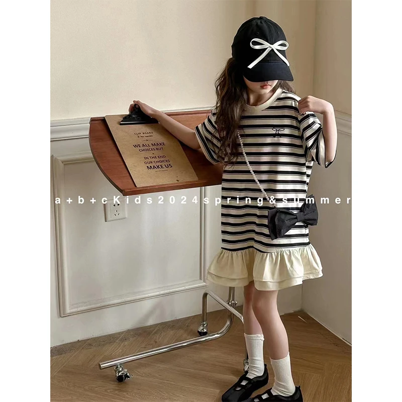 2024新款洋气时尚女童夏季韩版休闲宽松黑白条纹大童撞色短袖T裙