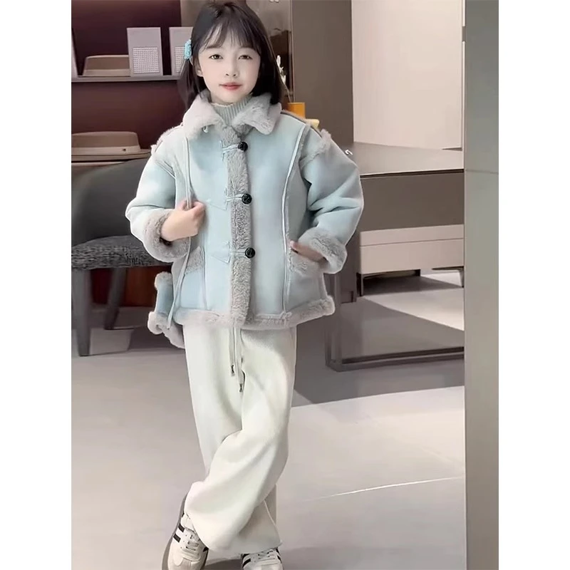 女童冬装加绒外套2024冬季儿童皮毛一体加厚保暖上衣女孩洋气大衣