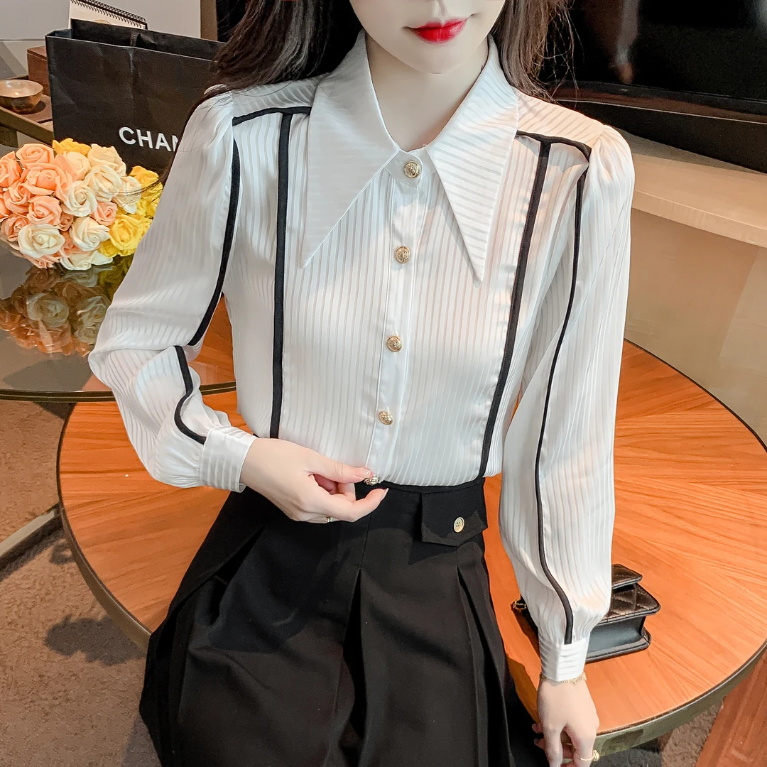 衬衫女春秋2023新款洋气长袖撞色设计感小众上衣气质时尚显瘦衬衣