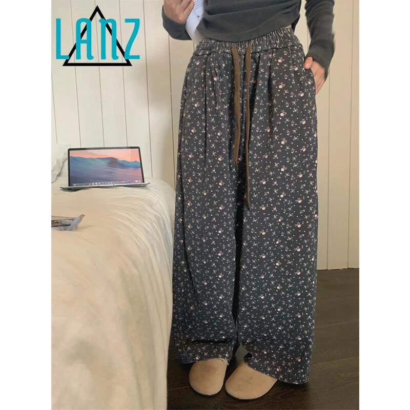 水洗做旧磨毛小碎花休闲裤女秋冬慵懒风松紧腰薄绒阔腿牛仔裤