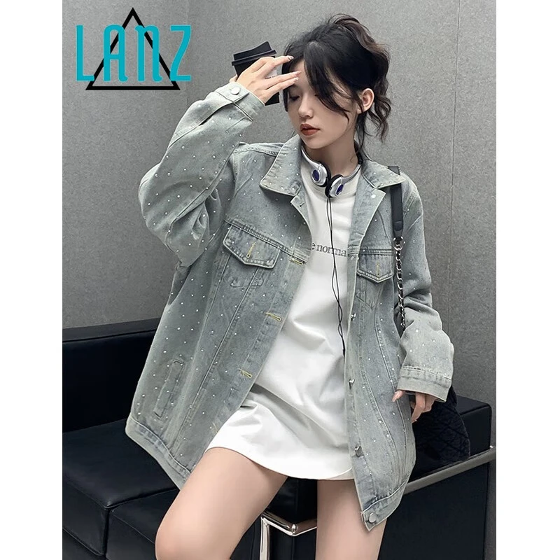 重工烫钻牛仔外套女秋季新款oversize时髦高级感翻领百搭夹克上衣