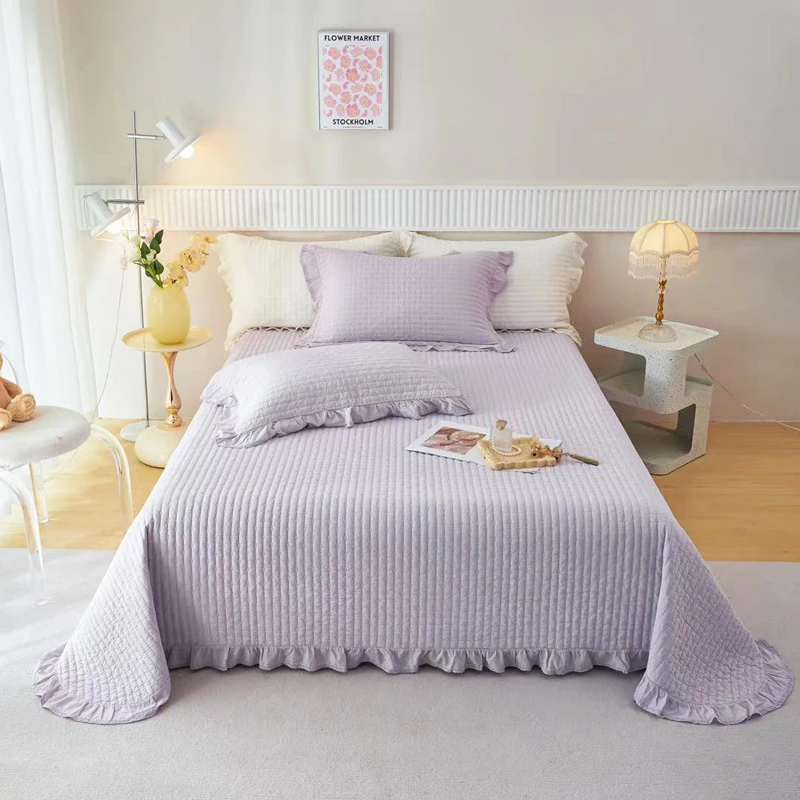 高温砂洗 韩式 轻奢风 米粒绣双面纯色纯棉绗缝床盖三件套