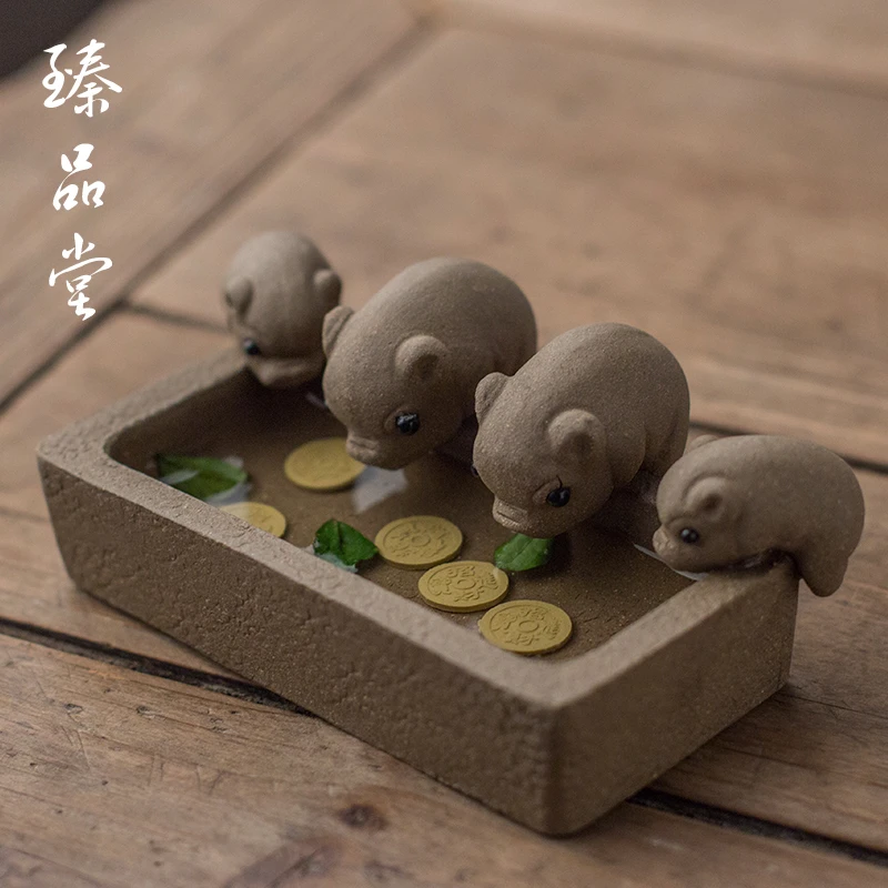 臻品堂小猪喝水槽茶玩手工创意茶道配件
