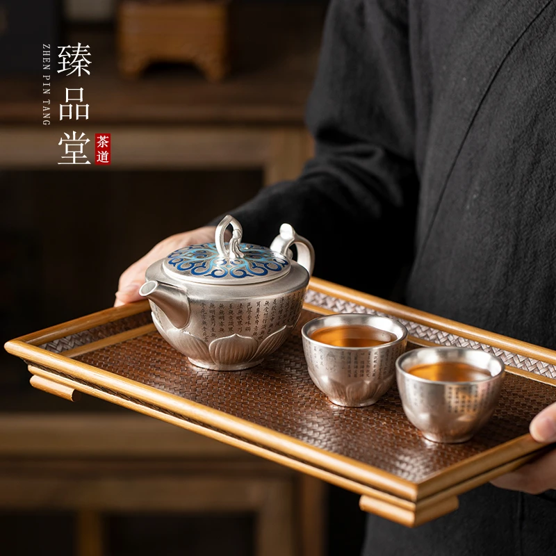 臻品堂 江传顺禅意莲花底座心经宫灯银壶加两个心经银杯1346+3619