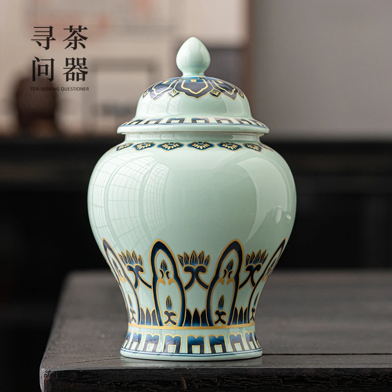 问器 绿色将军茶叶罐茶具陶瓷手工中式家用工艺品龙纹高档  3610