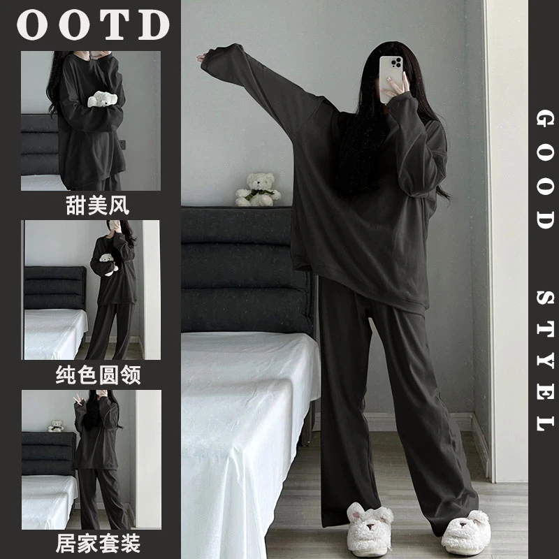 保暖睡衣女秋冬季新款简约纯色圆领德绒加厚韩版长袖家居服套装