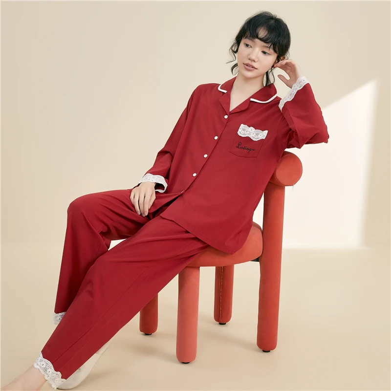 纯棉睡衣女士高级感蕾丝花边长袖春秋全棉可外穿家居服套装本命年