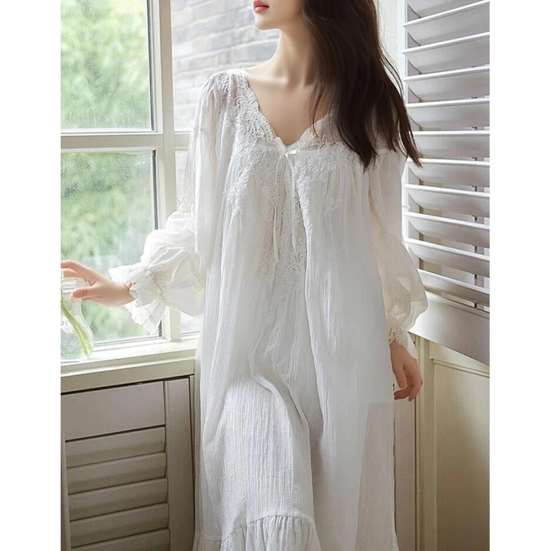 (美若天仙)(带胸垫)纯欲纯棉睡衣女宫廷睡裙夏春秋宽松家居服长裙