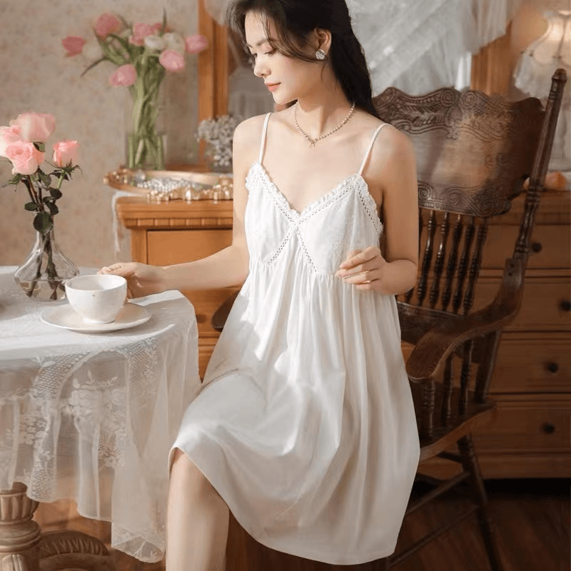 带胸垫纯欲风吊带睡裙女夏季纯棉薄款镂空花边甜美时尚宽松家居服