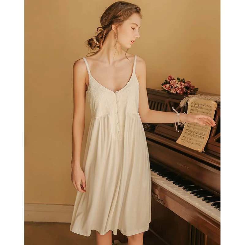带胸垫夏季新款纯棉睡裙女法式宫廷风夏天薄款性感纯欲吊带连衣裙