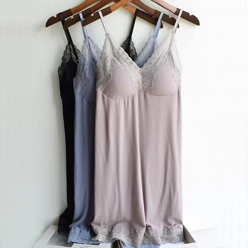 夏季冰凉感睡裙女带胸垫V领性感蕾丝吊带纯欲风薄款睡衣女气质