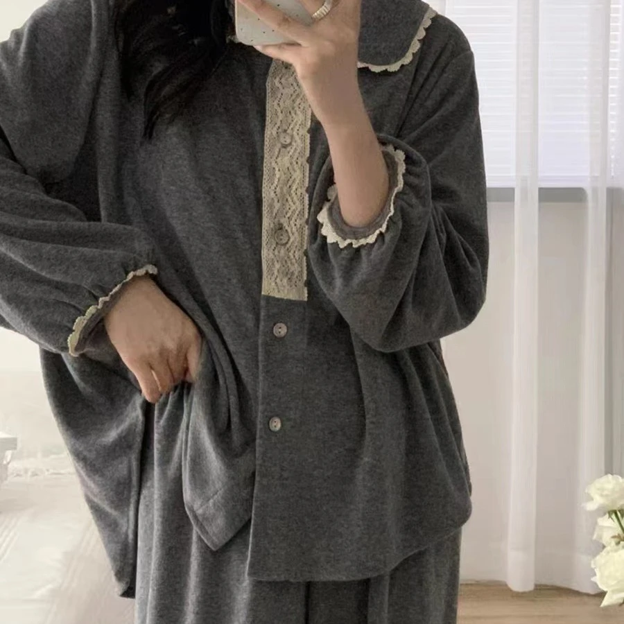 睡衣女加绒春秋冬保暖薄绒翻领花边甜美娃娃衫可外穿韩版家居服