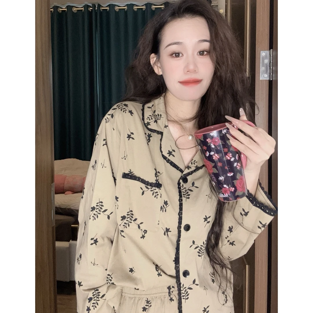 春秋新款开衫睡衣棉女高级感家居服长袖韩版蕾丝优雅气质两件套装