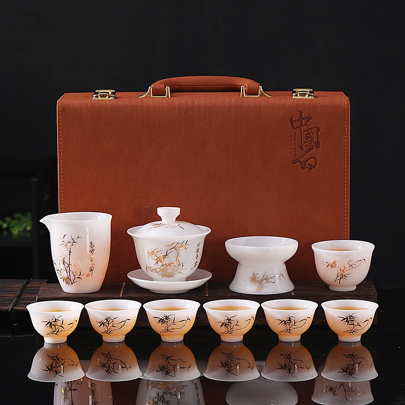 子规陶瓷手绘高冰套装茶具家用办公室送礼三才描金盖碗套装茶具壶