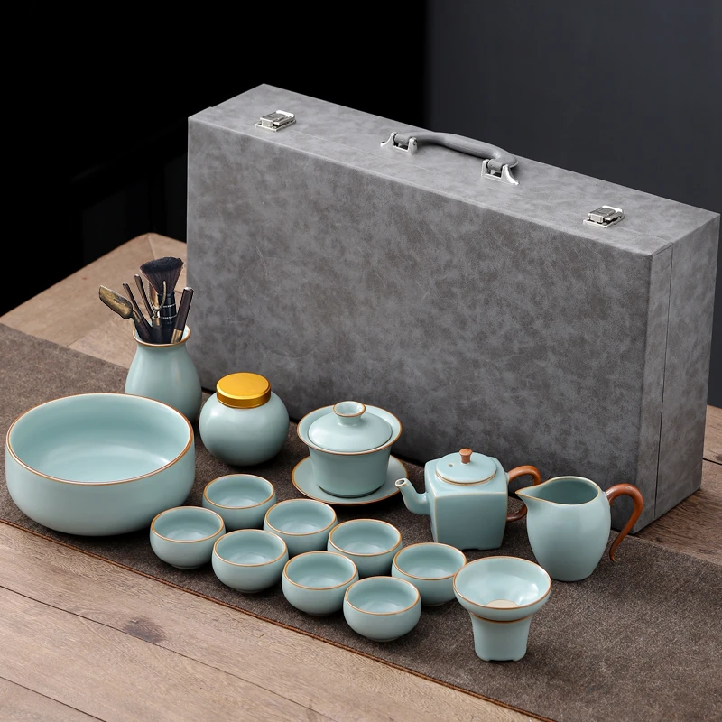 子规天青汝窑茶具套装茶包收纳盒家用简约陶瓷中式礼盒装茶壶茶道