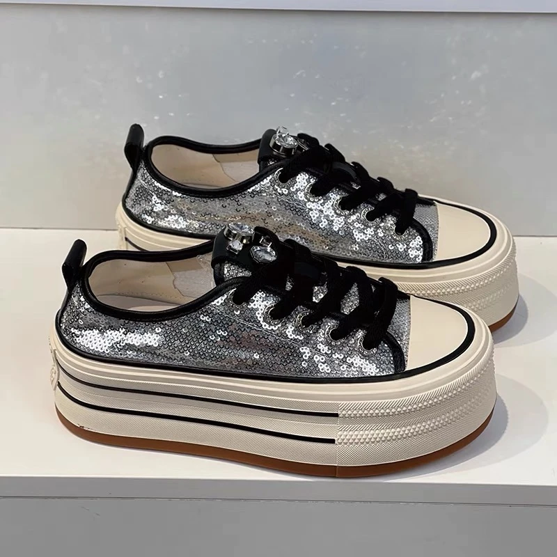 银色亮片2024新款夏季真皮厚底松糕鞋女休闲百搭板鞋帆布鞋潮5007