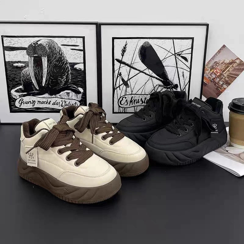 加绒小白鞋女2024年冬季新款松糕厚底面包鞋保暖棉鞋运动板鞋2019