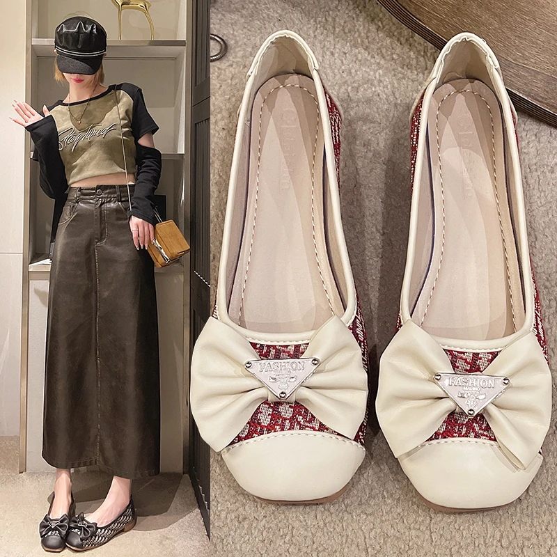 平底法式单鞋豆豆鞋女2024奶奶软底新款浅口蝴蝶结方头百搭瓢鞋子