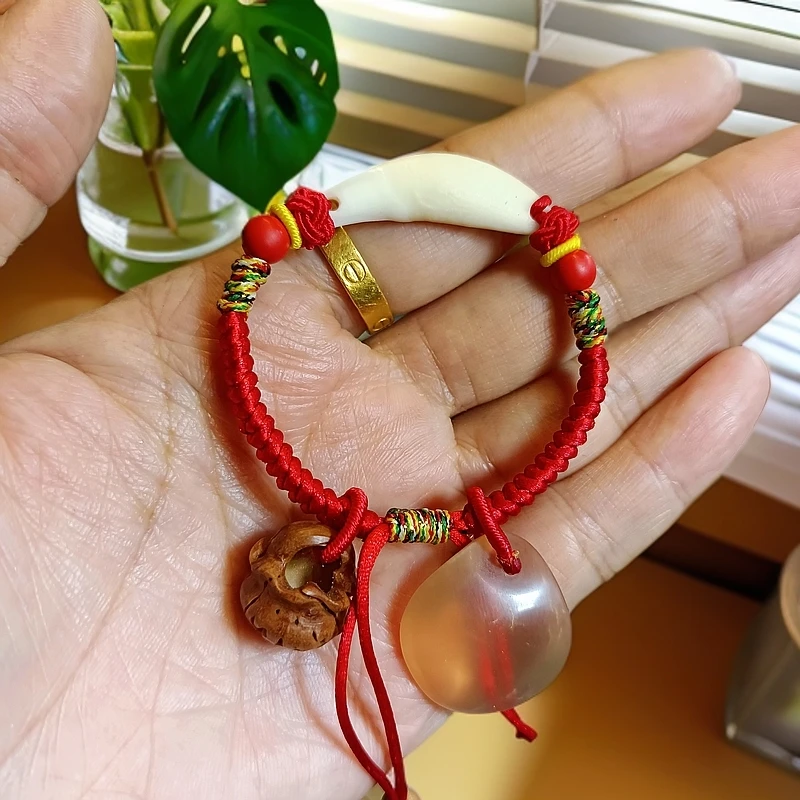 非金属木质手链 桃核黑狗牙青鱼石儿童时尚编绳红绳手链饰品手串