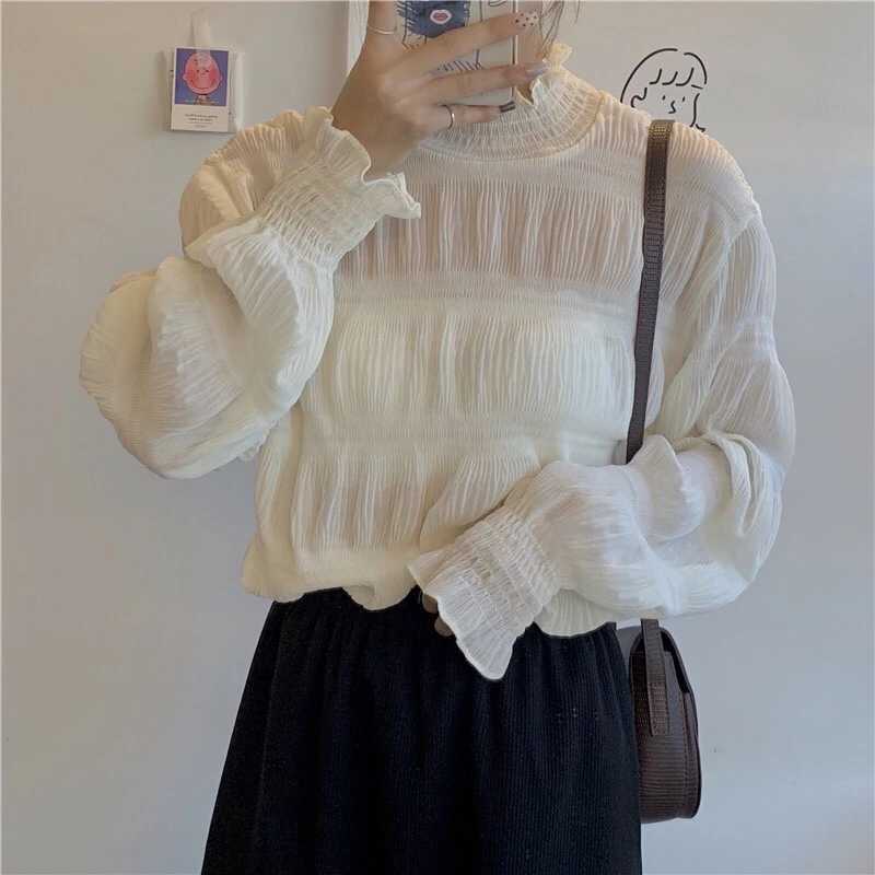 木耳边蕾丝打底衫女2023秋冬保暖加绒内搭纱衣雪纺衫百搭长袖洋气