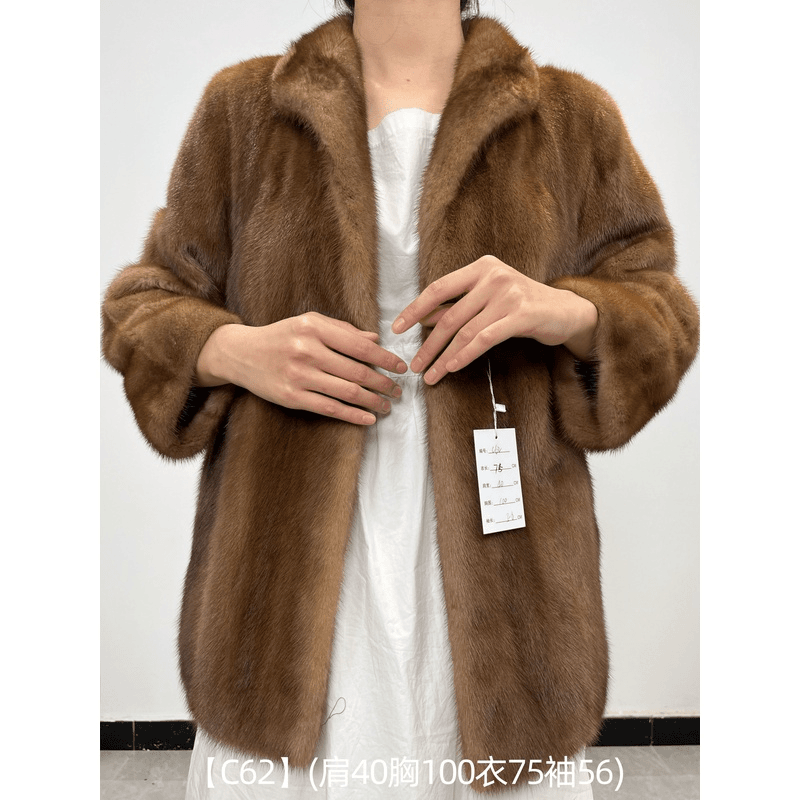 【C62】蜜茶棕全抽中古外套vintage古着整貂女母貂翻立领直筒袖