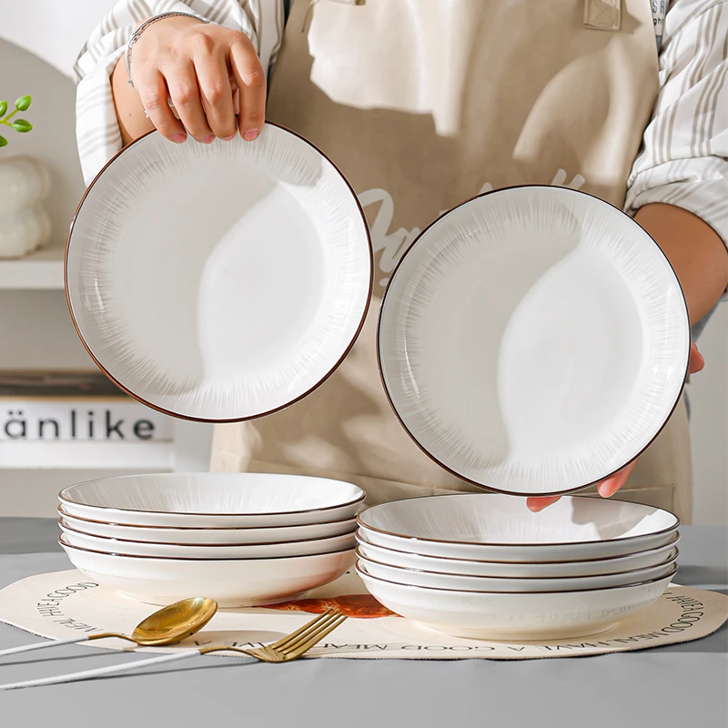 10个装菜盘子家用陶瓷炒菜盘新款菜碟子深盘7/8英寸高颜值圆盘子