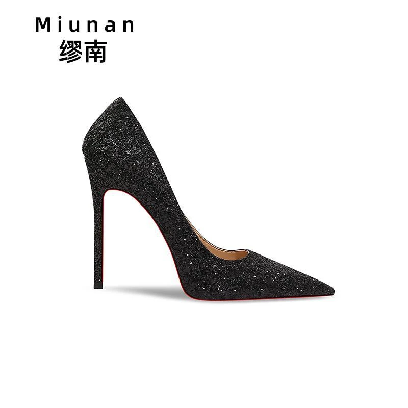 缪南亮片黑色气质职场高跟鞋女细跟浅口红底高跟鞋新款单鞋女大码