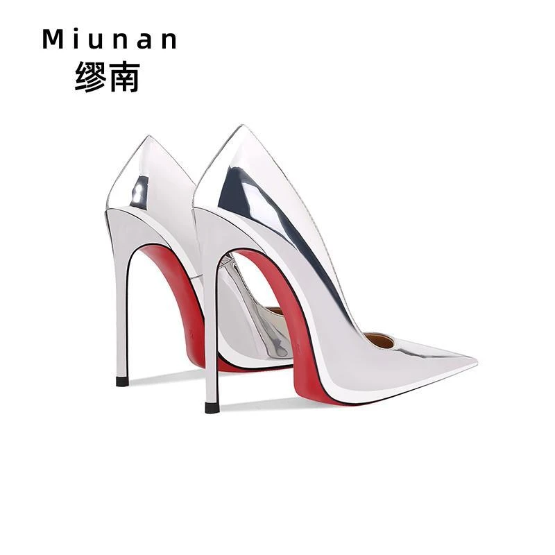 缪南银色亮面性感超高跟鞋女细跟浅口高跟鞋女2025爆款洋气不累脚
