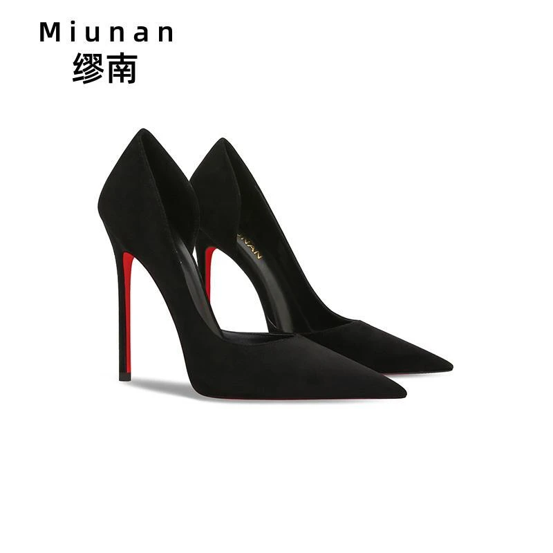 缪南绒面侧空红底高跟鞋女气质不累脚细跟2025爆款洋气黑色高跟鞋
