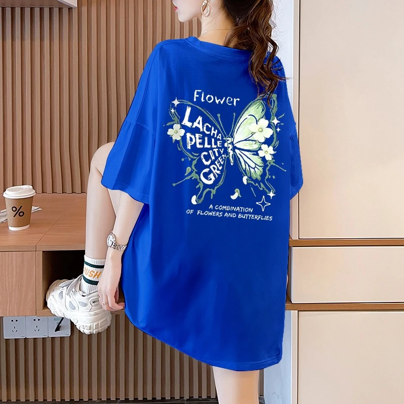 中长款短袖t恤女夏装2024新款宽松洋气减龄蝴蝶纯棉重磅大码上衣