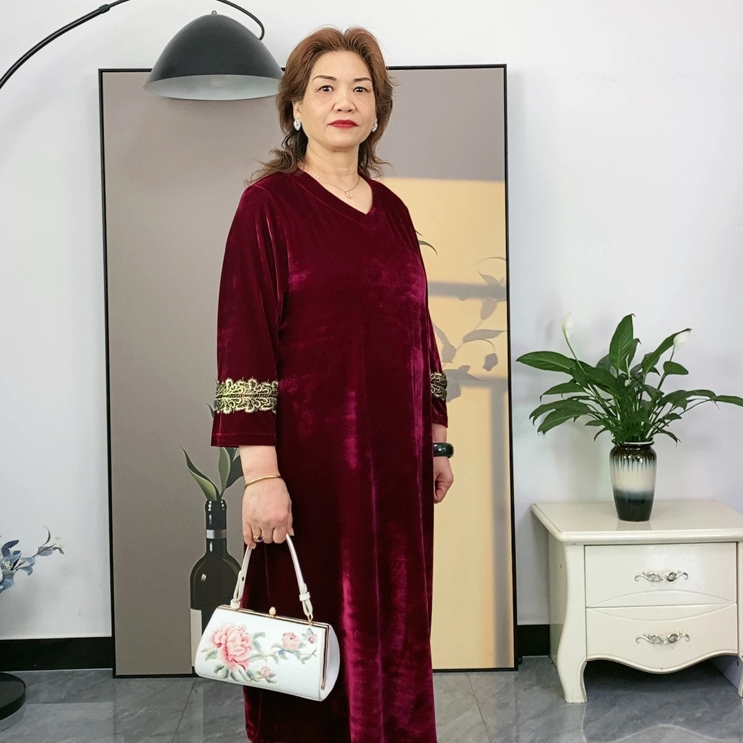 中老年女装中长款连衣裙大码妈妈装宽松显瘦气质金丝绒春秋季 668