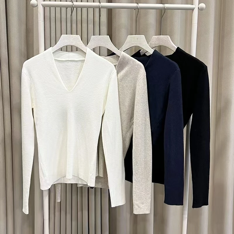 修身V领打底衫新款高级感长袖加绒内搭