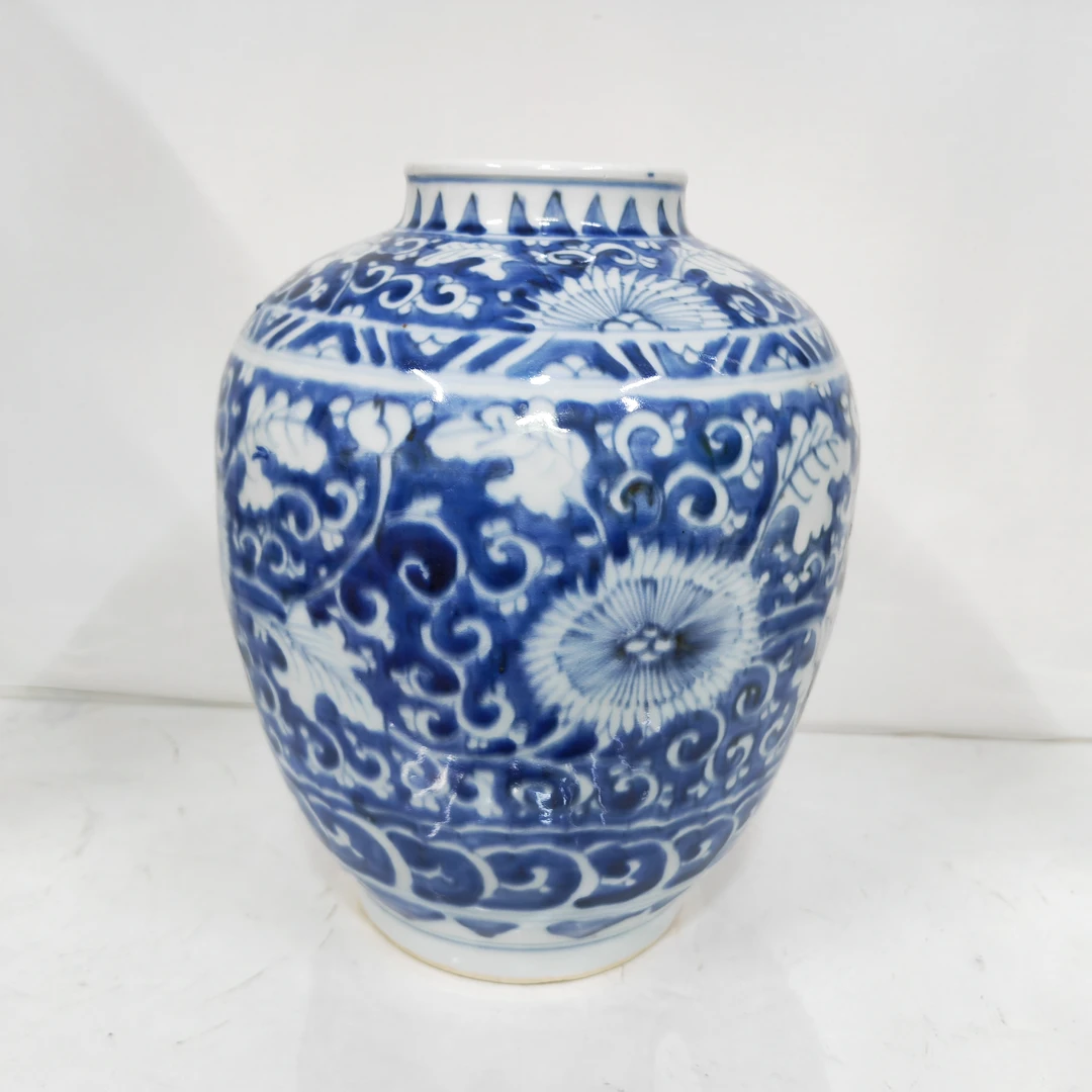 青花留白缠枝菊纹手工陶瓷花纹手绘创意柴窑瓷器罐子工艺品青花瓷