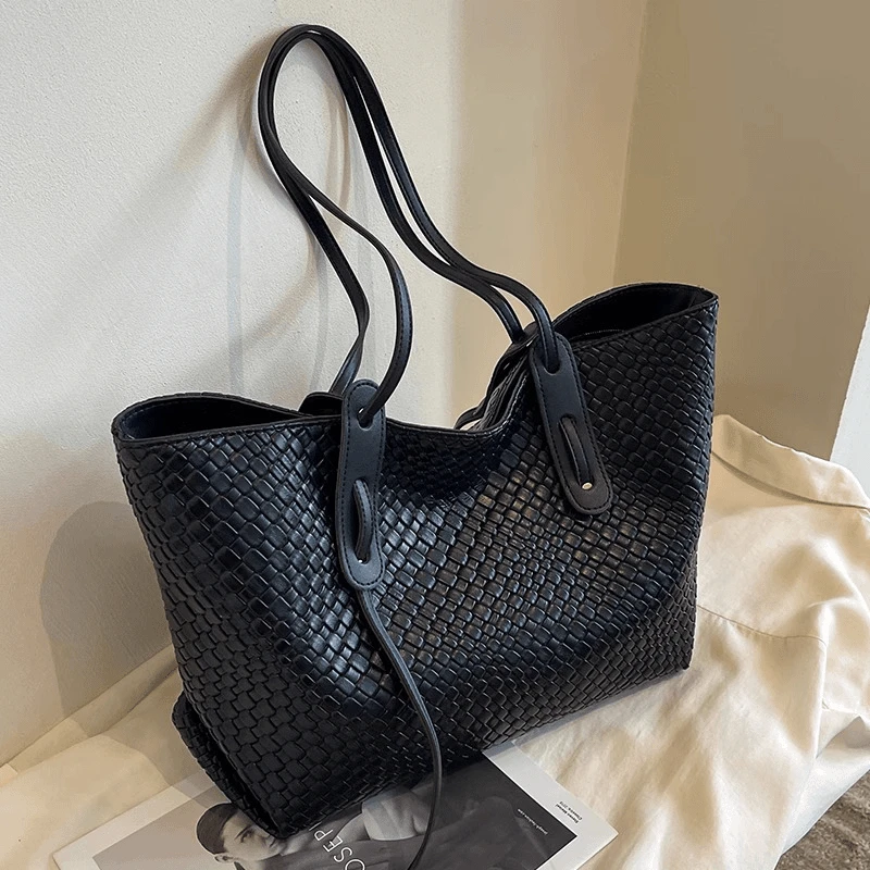 复古编织托特包女大容量包包2025秋冬新款单肩包拉链时尚百搭PU包