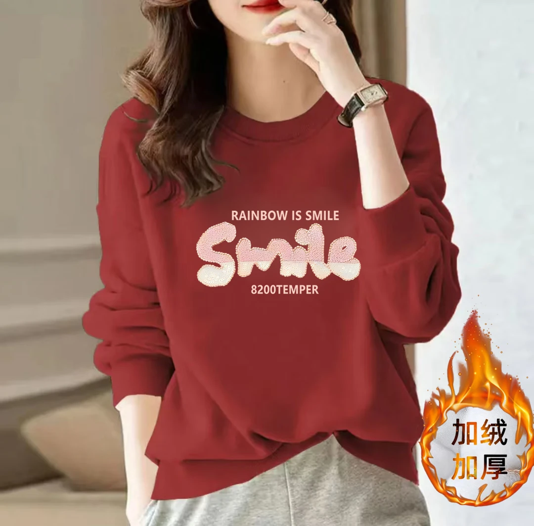 g2107秋冬加绒加厚男女情侣款青春设圆领卫衣-粉钻字母