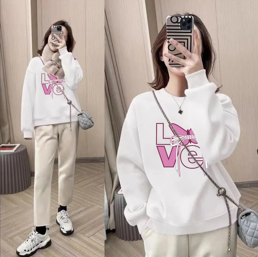 时尚百搭男女情侣款青春设计感情侣INS圆领卫衣-love蝴蝶结
