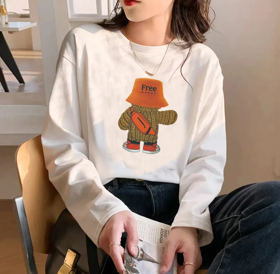 港风时尚潮流春夏卡通圆领纯色长袖T恤-橙帽熊