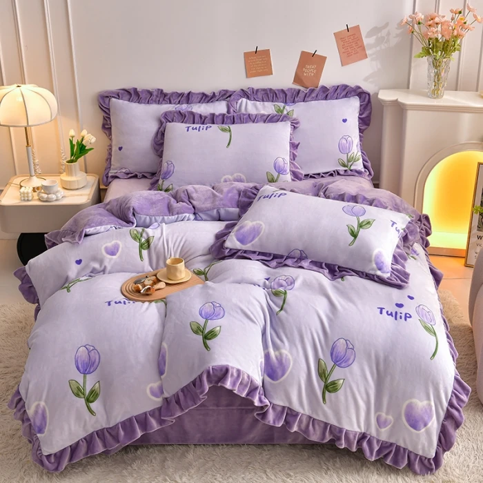 高克重韩版公主风印花纯色牛奶绒四件套加厚法莱绒花边双面加绒