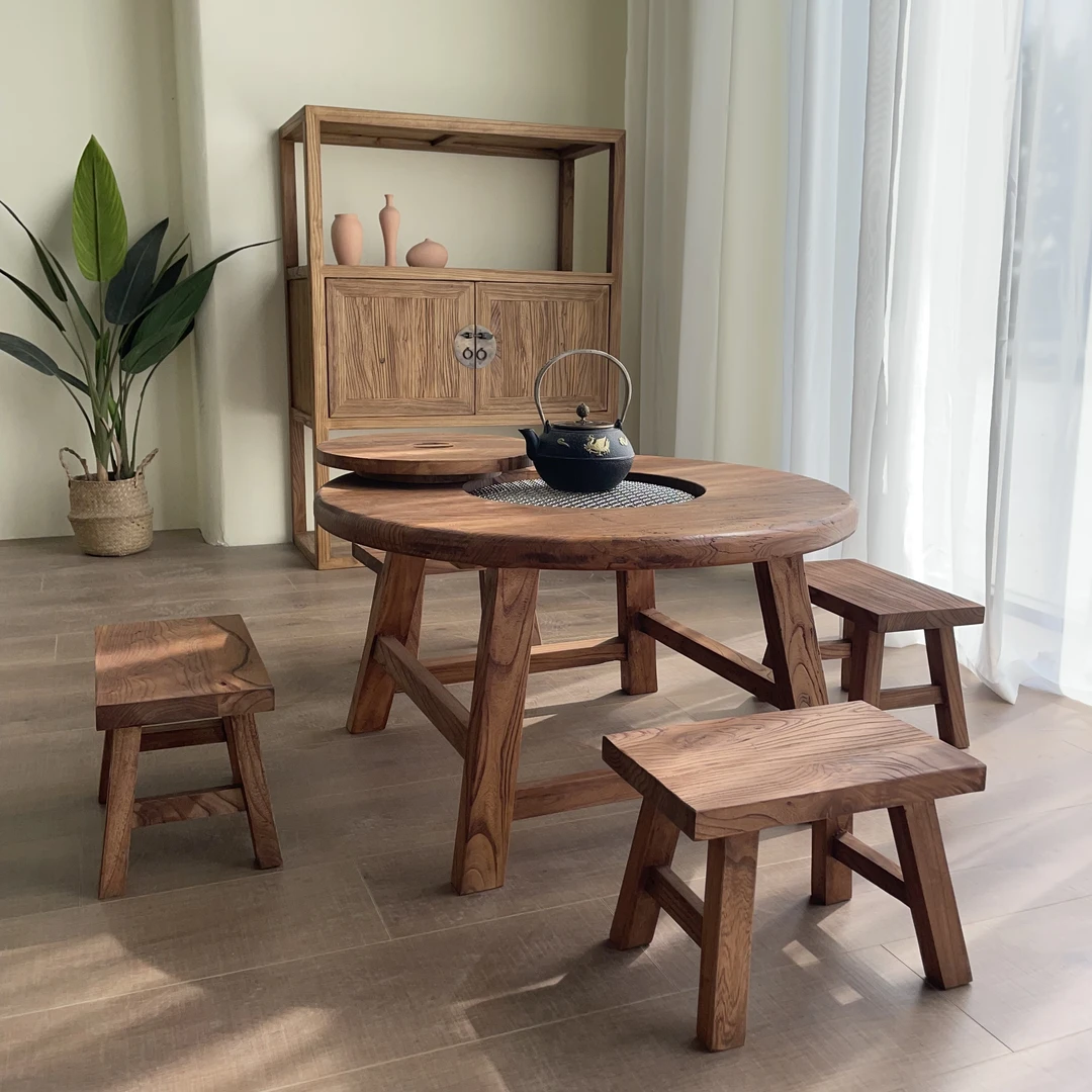 老榆木茶桌手工全实木新中式茶桌圆形茶几茶台桌围炉煮茶桌火锅桌