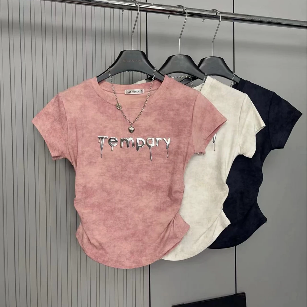 粉色扎染褶皱短袖T恤2025夏季新款渐变字母金属印花短袖百搭上衣