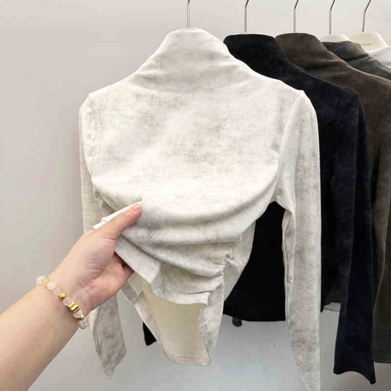 秋冬扎染德绒打底上衣褶皱收腰气质别致半高领修身显瘦内搭长袖女