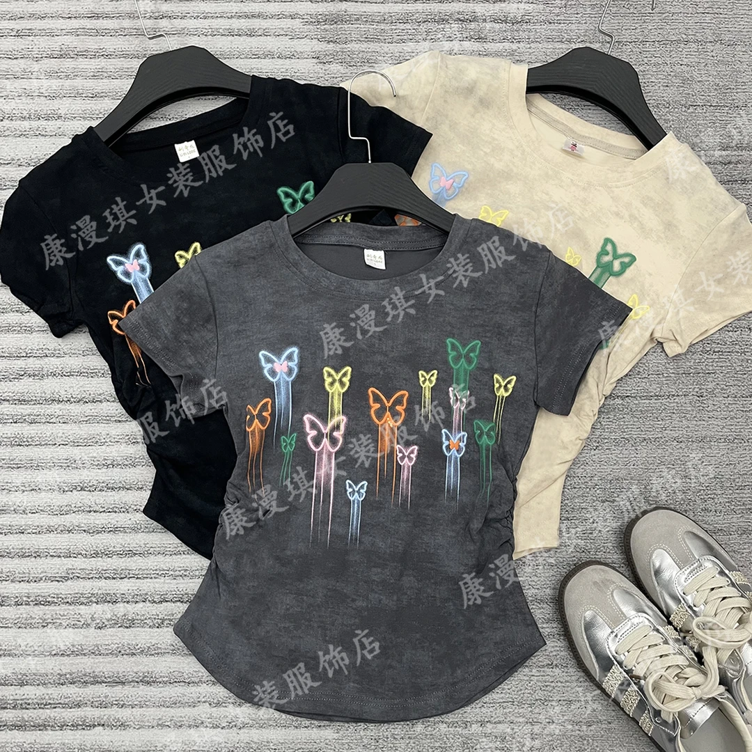 甜酷夏季蝴蝶发泡印花短袖2025新款圆领褶皱收腰显瘦百搭修身上衣